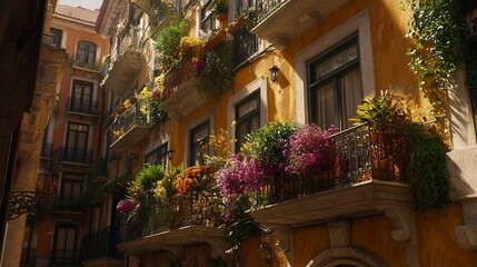 Fototapeta premium Sunlit yellow building with vibrant flower-filled balconies