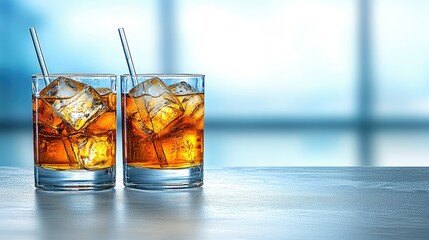Two Glasses of Iced Whiskey on a Table