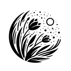 Abstract black and white floral illustration depicting a stylized meadow scene within a circular frame, featuring tulips, grasses, and celestial elements.