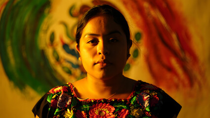 A woman from Mexico, dressed in a traditional embroidered blouse, showing off Mexican cultural heritage.