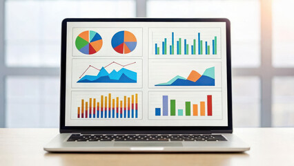 Fototapeta premium Laptop displaying colorful data charts and graphs.