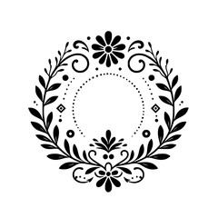 A symmetrical black floral wreath illustration on a white background, featuring stylized flowers, leaves, dots and decorative swirls, forming a circular frame with an empty center.