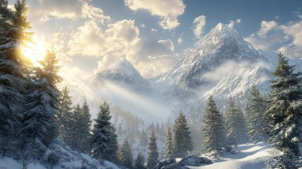 Obraz premium Snowy mountain range at sunrise, frosted trees, tranquil winter scene