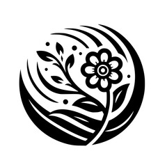A stylized, symmetrical, black and white floral emblem featuring a blooming flower, leaves, and circular, radial design.