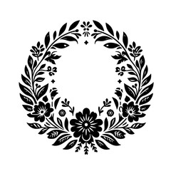 A symmetrical, bold black and white floral wreath illustration, featuring stylized leaves and flower patterns, in a clean and minimalist style.