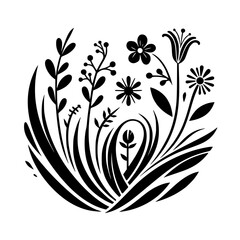 Stylized Botanical Black and White Illustration: A Decorative Arrangement of Grasses, Blossoms, and Floral Elements, Forming a Rounded Composition.