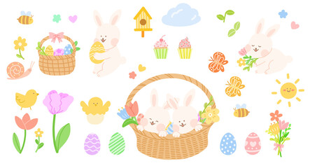 easter rabbit eggs and flowers