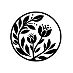 A monochromatic floral design within a circle, featuring stylized tulips, leaves, and sprigs of tiny buds in a bold, graphic style, set against a clean white background.