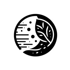 A minimalist, stylized, black and white circular logo design featuring a crescent moon with dotted details, a leaf, and branch-like elements, with a flat graphic style.