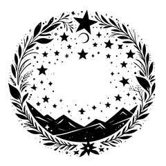 Celestial nightscape mandala: A serene, black and white illustration featuring stars, mountains, a crescent moon, and surrounding foliage in a circular frame. © MatandSterre