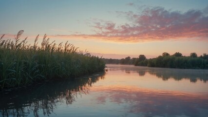 Obraz premium Serene river landscape at sunset with reflections and lush vegetation.