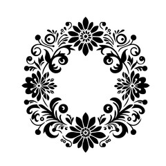 Elegant Black and White Floral Wreath: Circular Ornament with Detailed Petals, Leaves, and Swirls on a Clean White Background.