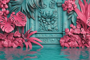 Surreal fantasy garden with vibrant pink foliage against a teal ornate wall with reflective water