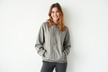 Half-Length (Waist-Up) portrait of young stylish smiling Norwegian female model in sporty wear isolated on pure white background looking at camera