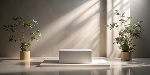 Minimalist product display with a white platform and two potted plants in a sunlit room.