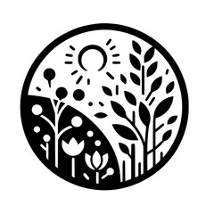 Yin Yang floral arrangement enclosed in a circle, featuring contrasting halves with stylized plants and a sun symbol, emphasizing balance and nature.