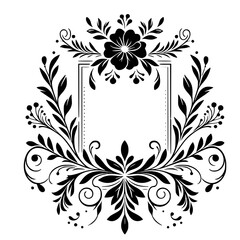 An elegant symmetrical black floral border frame design features a central rectangular space encompassed by stylized flowers, leaves, and swirling decorative elements on a white background.