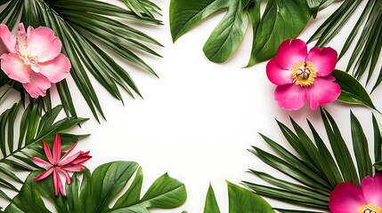 Obraz premium 熱帯の花と葉の白いフレーム