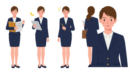 Fototapeta premium Professional woman in business attire showcasing different poses in flat vector illustration