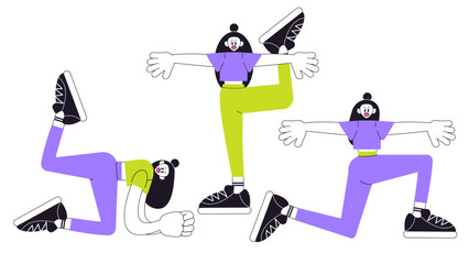 Naklejka premium People practice sports exercises. Training at home concept. Pilates, stretching, yoga workouts. Modern vector illustrations.