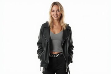 Half-Length (Waist-Up) portrait of young stylish smiling Norwegian female model in punk wear isolated on pure white background looking at camera