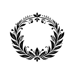 Elegant Black and White Floral Wreath Design, Depicting a Circular Arrangement of Leaves, Dots, and Decorative Flourishes on a Clean White Background.