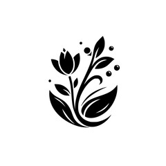 Elegant Black and White Floral Design Featuring a Tulip-like Bloom, Curving Stem, Leaves, and Decorative Bubbles Against a Pure White Backdrop
