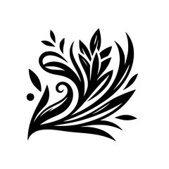 Elegant Monochrome Floral Motif: A symmetrical design featuring stylized leaves and graceful curved lines, set against a pure white background, creating a balanced and artistic composition.