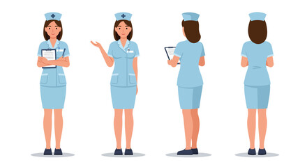 Obraz premium Nurse character in different poses showcasing flat vector illustration style