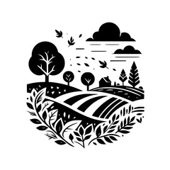 A stylized monochrome depiction of a serene countryside scene enclosed in a circular border, showing rolling hills, farm, trees and a house under cloudy skies.