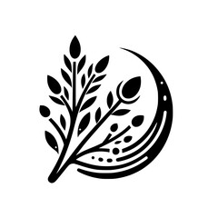 Minimalist Black and White Floral Arrangement, Composed of a Branch and Crescent, Against White Background.