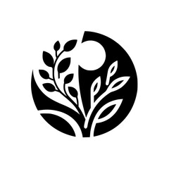 Modern Minimalist Icon Depicting Organic Growth: A Circular Composition of Black Leaves and White Positive Space, Suggesting Unity and Nature.