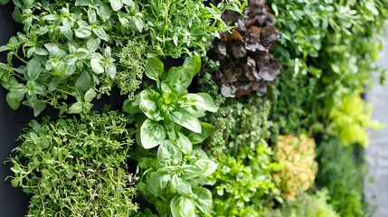 indoor herb garden concept Vertical garden featuring a variety of lush, green plants with diverse textures and colors.