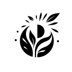 Abstract black and white botanical logo featuring stylized leaves, a semi-circle sun design, and surrounding accent dots, conveying growth.