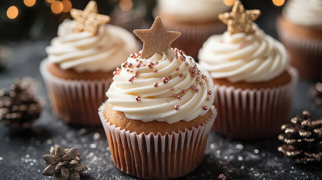 Festive cupcakes with white frosting and golden star toppers