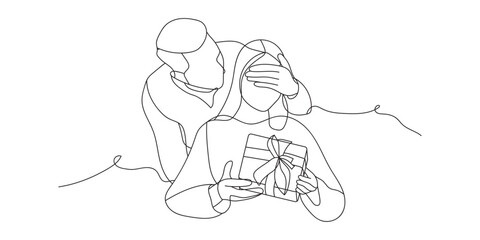 Continuous line drawing romantic young couple giving gifts to celebrate Valentine's Day. Black and white vector illustration