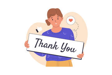 Woman holding a banner that says Thank You. Illustrations for websites, landing pages, mobile apps, posters and banners