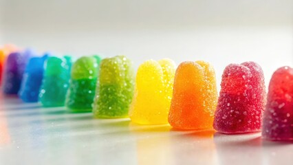 A row of vibrant, colorful gummy candies arranged in a rainbow spectrum, each with a sugary, glistening texture.