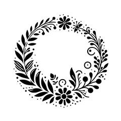 Intricate monochrome floral wreath design featuring a diverse arrangement of leaves, flowers, and decorative elements in a symmetrical circular composition.