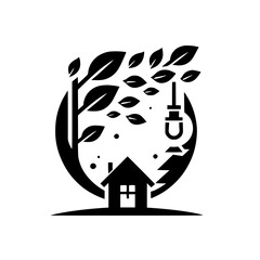 A stylized black and white illustration featuring a house, tree with leaves inside a circle, and moon, suggesting nature and home.