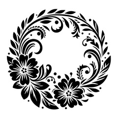 Intricate Black and White Floral Wreath Design with Flowers, Leaves, and Swirls on a White Background, creating a circular decorative pattern.