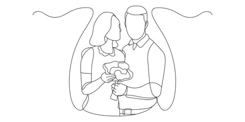 Continuous line drawing romantic young couple giving gifts to celebrate Valentine's Day. Black and white vector illustration