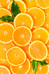 Orange fruit pattern. Orange slices close-up. Top view.