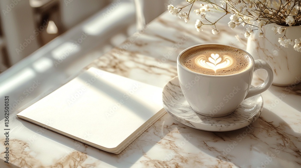 Poster A cozy cafe setting features a warm cup of latte with a heart design, accompanied by an open notebook, on a marble table adorned with soft sunlight and fresh flowers