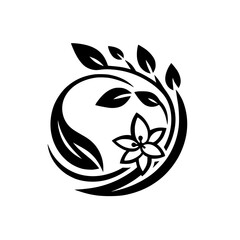 Monochromatic Floral Embrace: A Black and White Design Featuring a Stylized Flower, Leaves, and Curling Vines in a Circular Arrangement.
