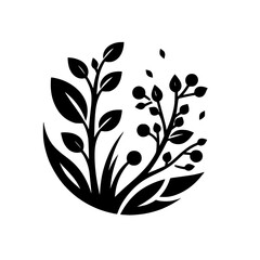 A stylized black and white botanical illustration features foliage, leaves, and berries, arranged in a circular composition.