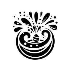 Abstract Black and White Design: A stylised egg-shaped object surrounded by splashes, set within curved water-like forms.