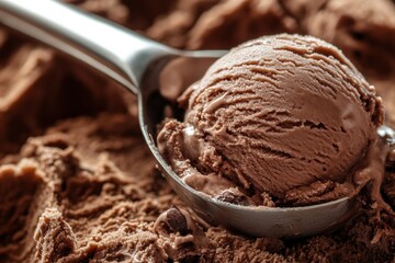 Chocolate ice cream close-up in an ice cream scoop