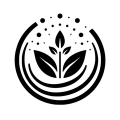 A minimalist black and white logo, depicting a stylized plant within a circular design, with small dots floating above.