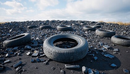 Rubber tire pieces organized for efficient processing in a recycling facility, showcasing the importance of recycling for sustainability and environmental protection.
